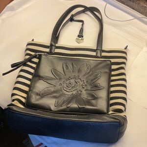 Brighton Camilla Black Cream Front Pocket Striped Shoulder Bag Tote
